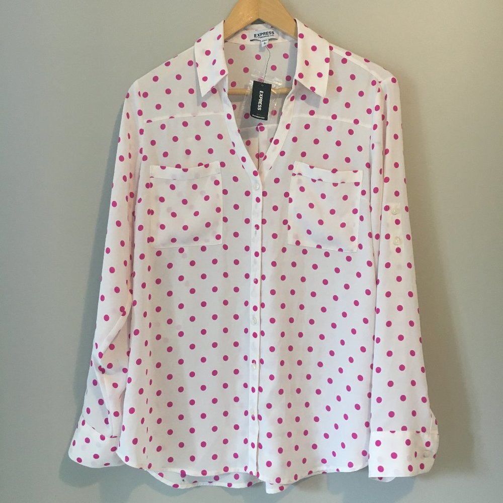 New Express White Blouse with Pink Polka Dots